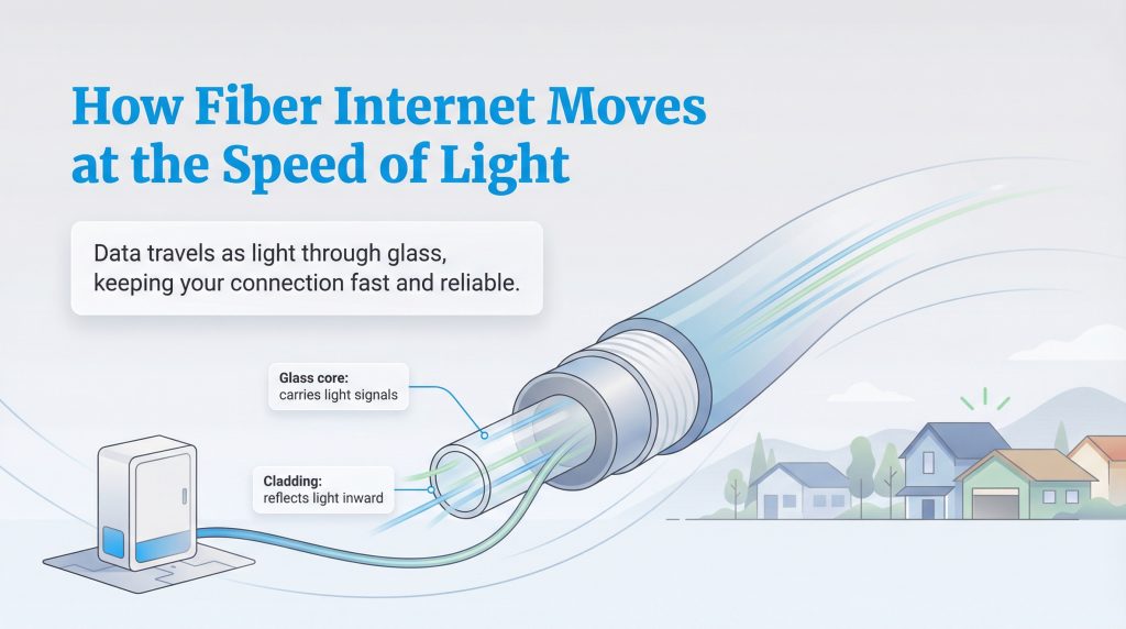 Infographic illustrating how data travels as light signals through a glass core and cladding in a fiber optic cable.