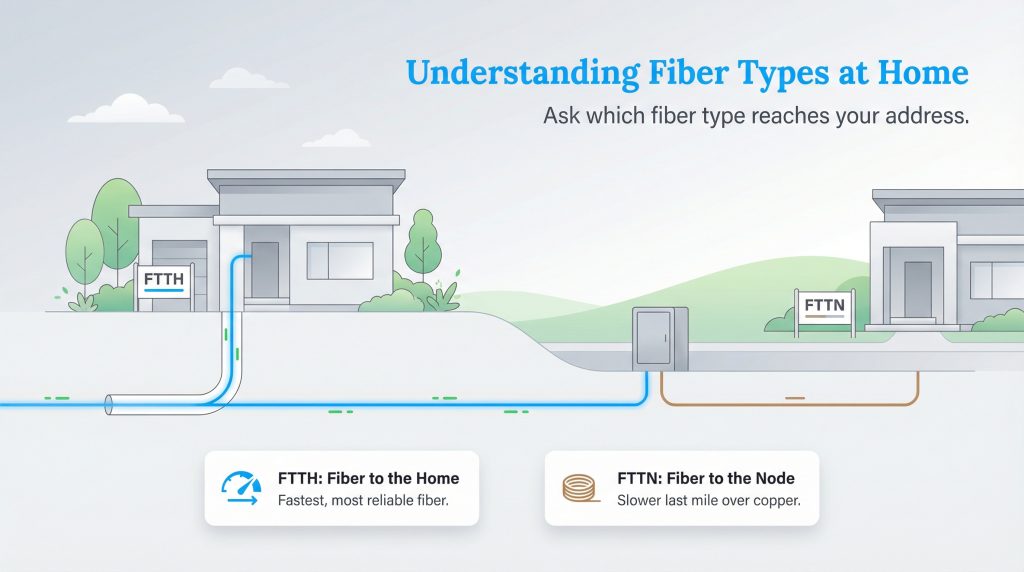 Illustration comparing FTTH (Fiber to the Home) and FTTN (Fiber to the Node) internet connections.