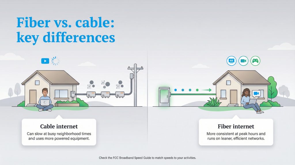 Diagram comparing slow, buffering cable internet to fast, consistent fiber internet with icons.