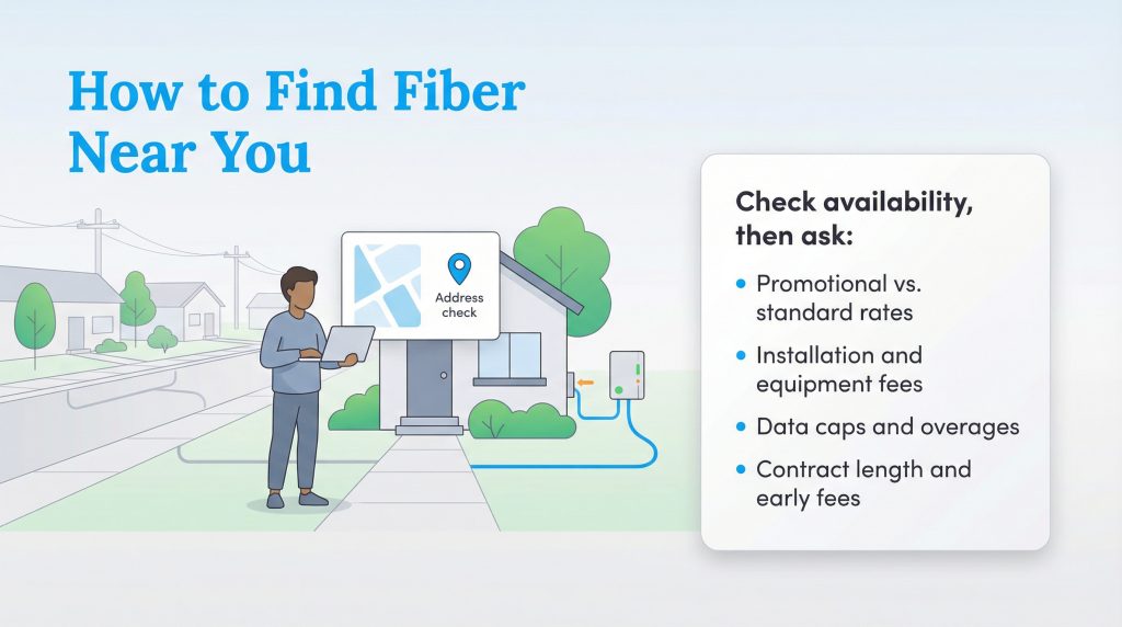 Illustration showing a man checking fiber availability and a list of questions for providers.