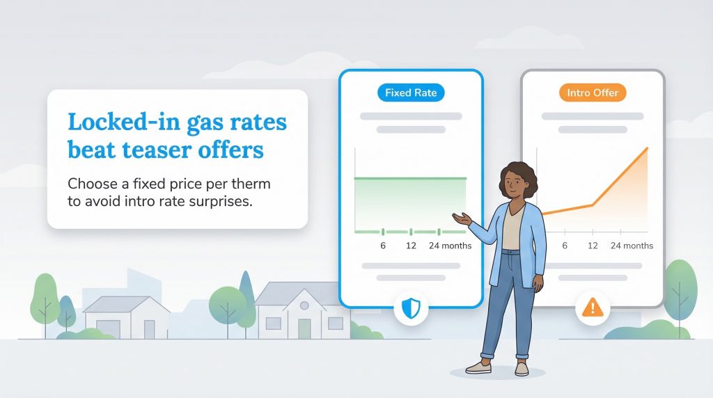 Illustration comparing a flat fixed-rate gas price graph with a rising intro-rate graph.