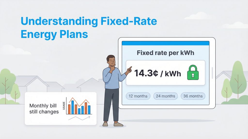 Infographic showing a locked fixed energy rate per kWh and a graph of fluctuating monthly bills.