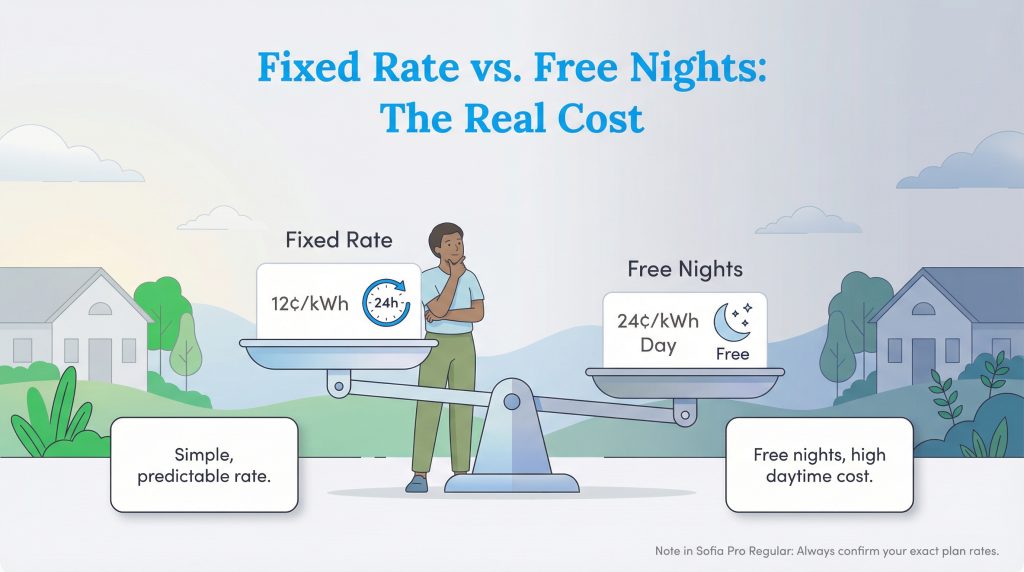 Illustration comparing a fixed rate energy plan versus a free nights plan using a weighing scale.