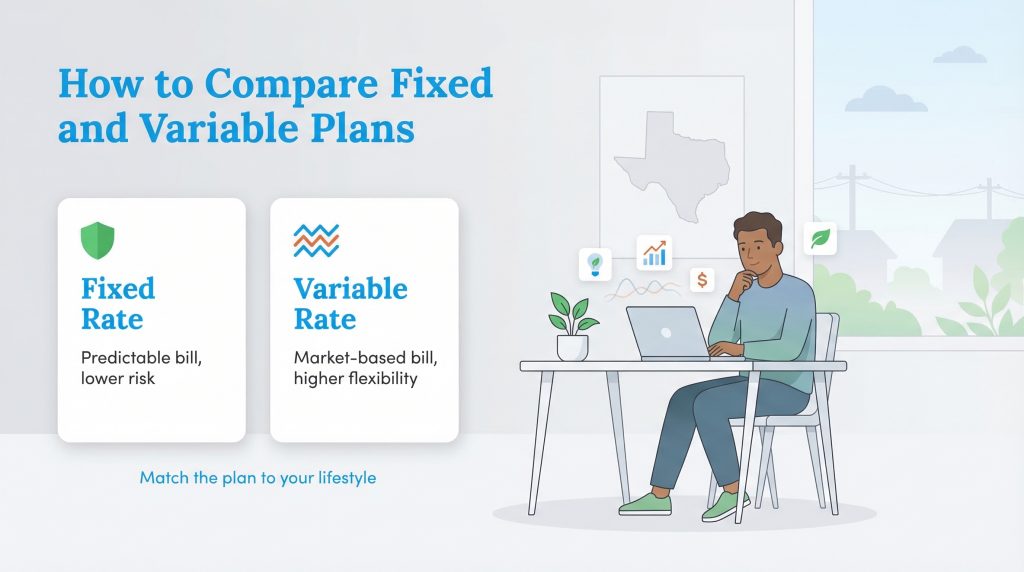 Infographic comparing fixed and variable utility plans, showing a man at a laptop and key plan features.