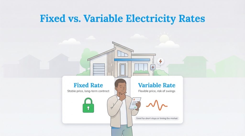 An illustration comparing fixed (stable, lock icon) and variable (flexible, wave icon) electricity rates.
