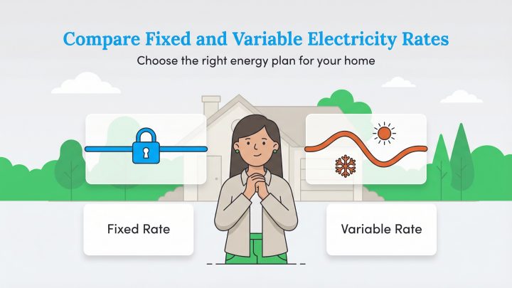 Illustration comparing stable Fixed Rate and fluctuating Variable Rate electricity plans.