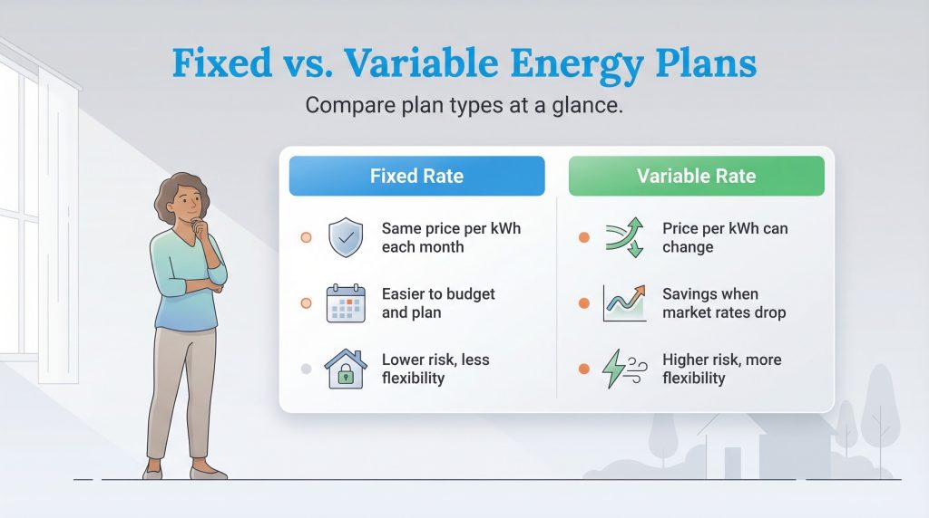 Infographic comparing features of Fixed Rate versus Variable Rate energy plans.