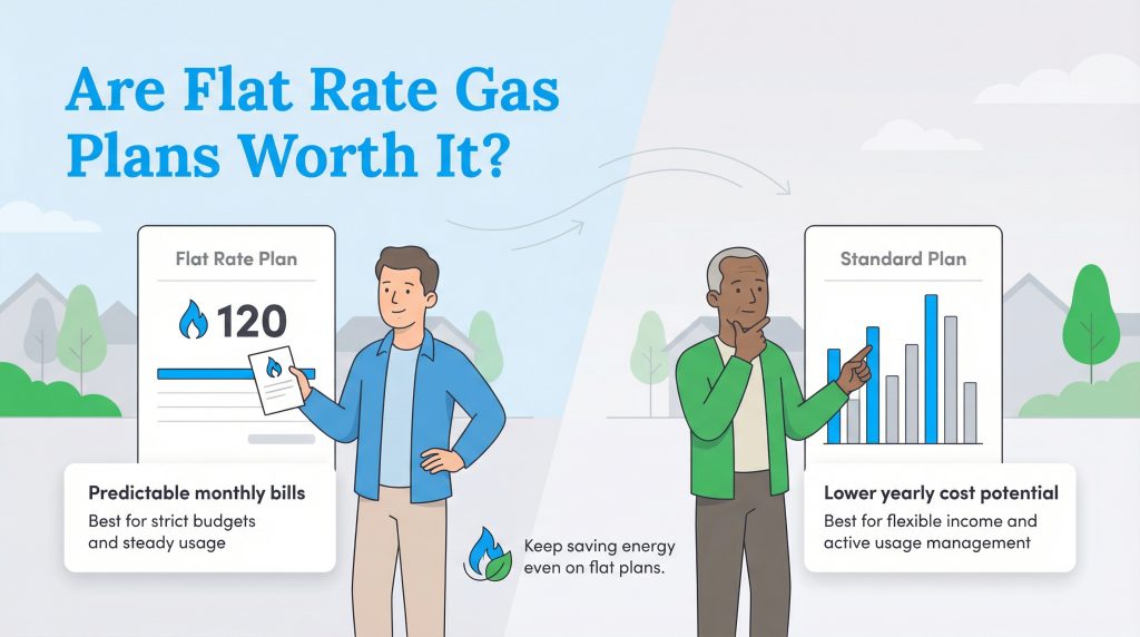 Infographic compares a fixed Flat Rate Plan to a variable Standard Plan for gas bills.