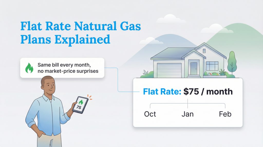 Illustration showing a consistent $75 monthly natural gas bill for a home, regardless of the month.