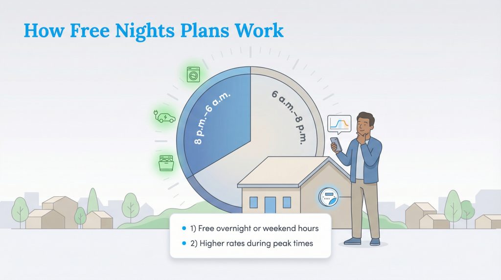 Diagram illustrating free electricity hours overnight (8pm-6am) versus higher rates during the day.