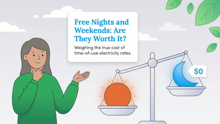 Illustration of a woman weighing time-of-use electricity rates, with the sun and moon on a scale.