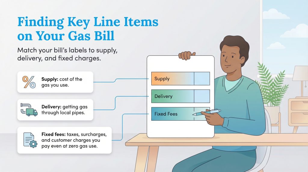 A man points to a chart explaining gas bill components: Supply, Delivery, and Fixed Fees.