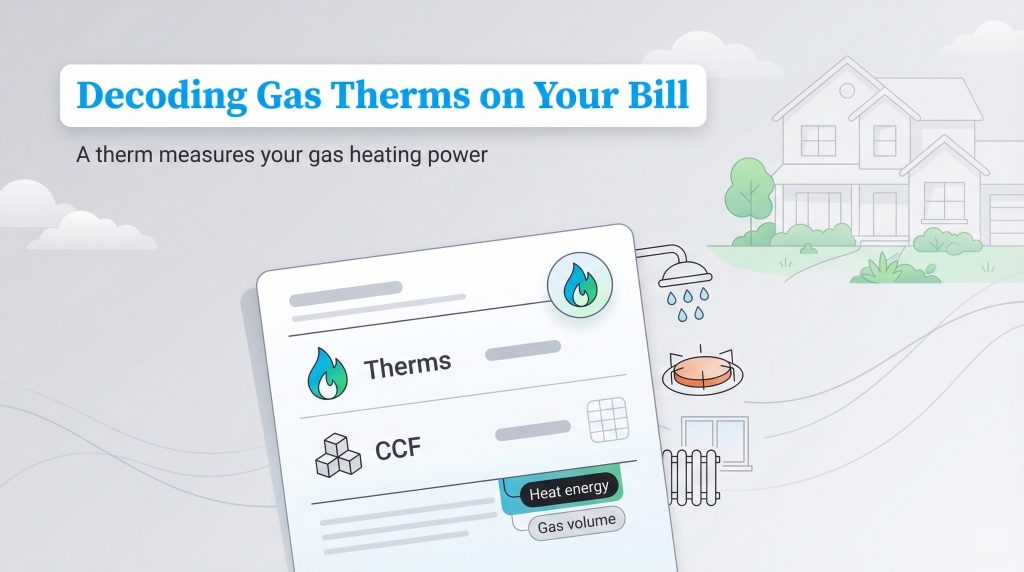 An illustration comparing a gas bill with sections for Therms (Heat energy) and CCF (Gas volume).