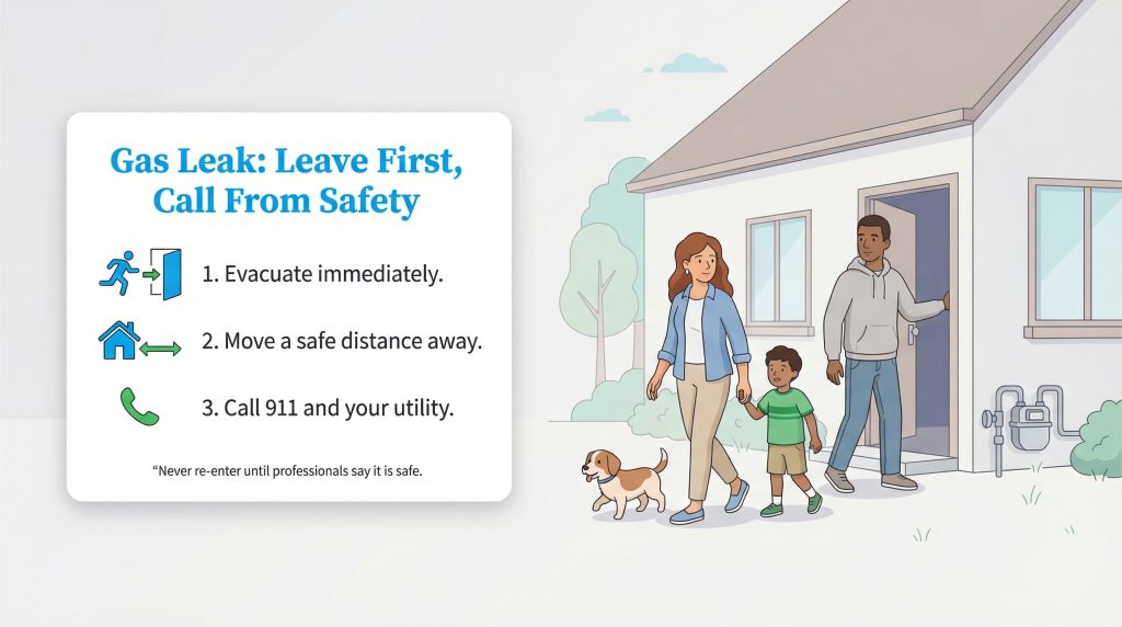 Infographic illustrating gas leak safety steps: evacuate immediately, move to a safe distance, and call 911 from safety.