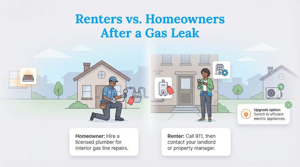 Diagram showing homeowners must hire plumbers while renters must notify landlords after a gas leak.