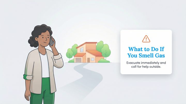 A woman outside a house calls for help, with instructions to evacuate immediately if you smell gas.