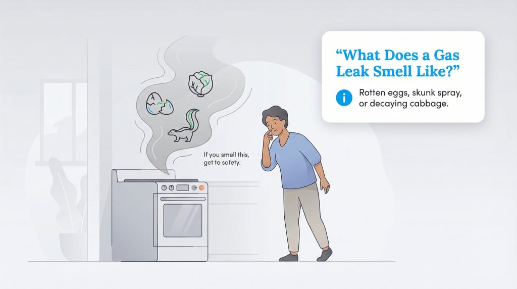 Illustration shows a person detecting a gas leak smell, depicted as rotten eggs, skunk, and cabbage.