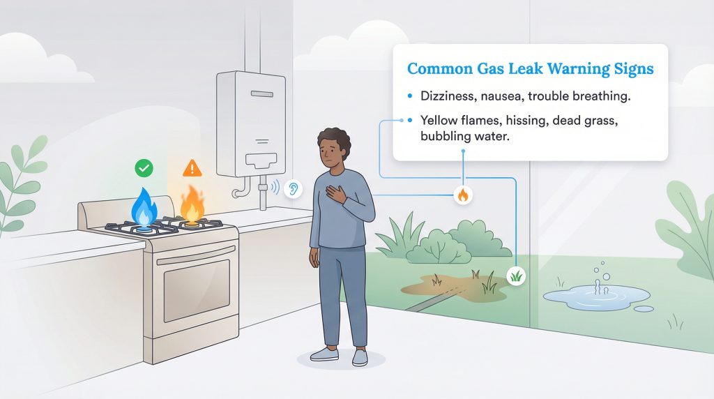 Infographic illustrating common gas leak warning signs, including physical symptoms, orange flames, hissing, and dead grass.