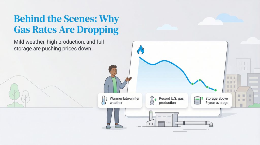 Infographic showing a person presenting a downward-trending graph, with labels explaining reasons for falling gas rates: warmer weather, high production, and high storage.