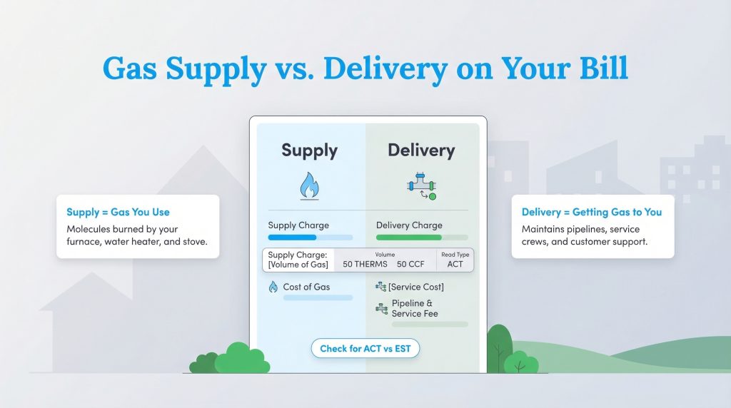 Infographic comparing gas bill supply charges for usage versus delivery charges for infrastructure.