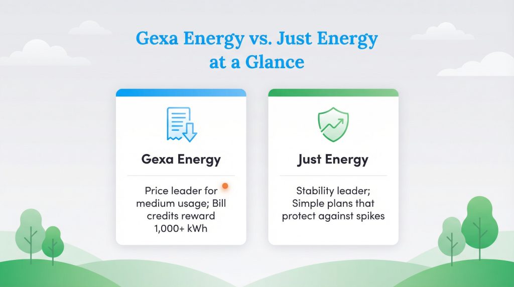 Comparison graphic of Gexa Energy as Price leader for medium usage and Just Energy as Stability leader.