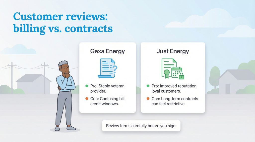 Comparison chart shows Gexa Energy has confusing billing vs Just Energy's restrictive long-term contracts.