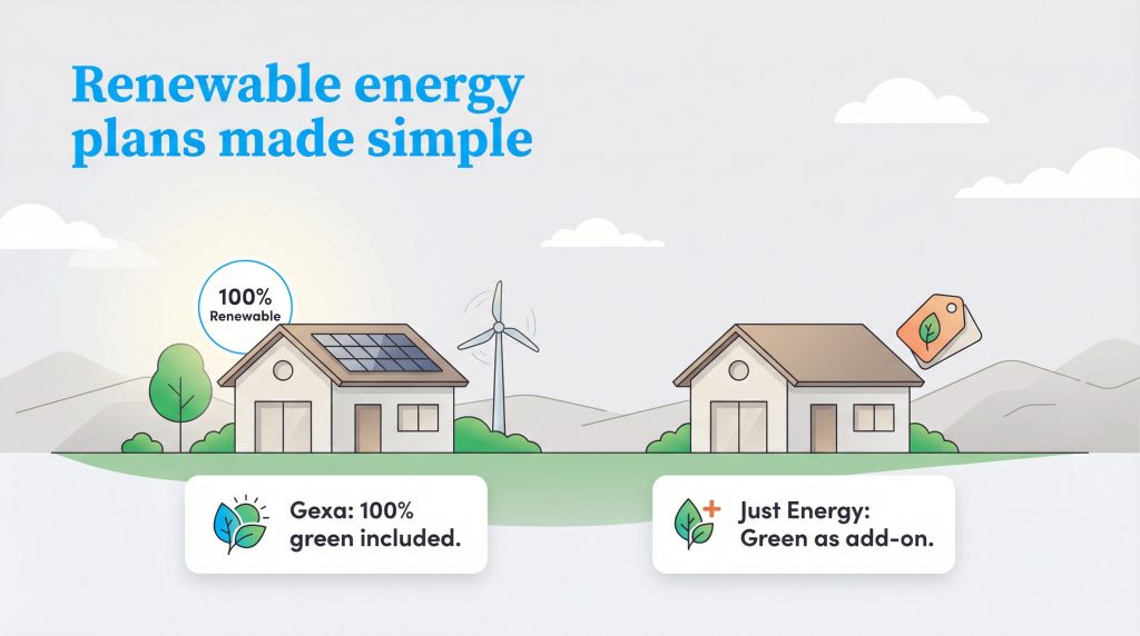 Illustration comparing Gexa's included 100% renewable energy plan with Just Energy's add-on option.