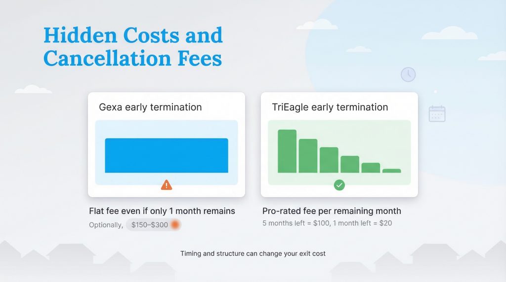 Graphic comparing Gexa's flat cancellation fee to TriEagle's pro-rated, decreasing fee structure.