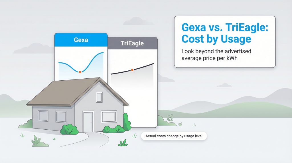 Illustration comparing Gexa's bill credit structure against TriEagle's fixed rate linear pricing.