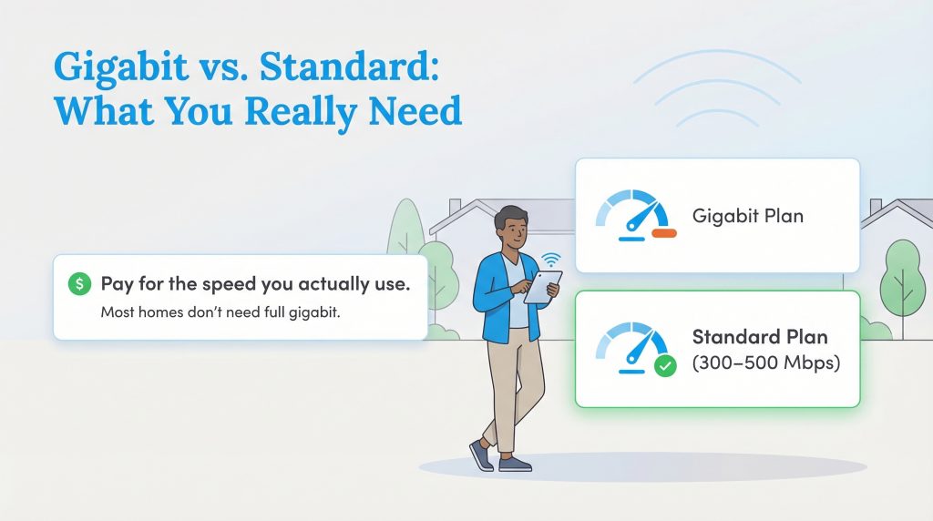 Infographic comparing Gigabit vs. Standard internet plans, advising to pay for the speed you use.