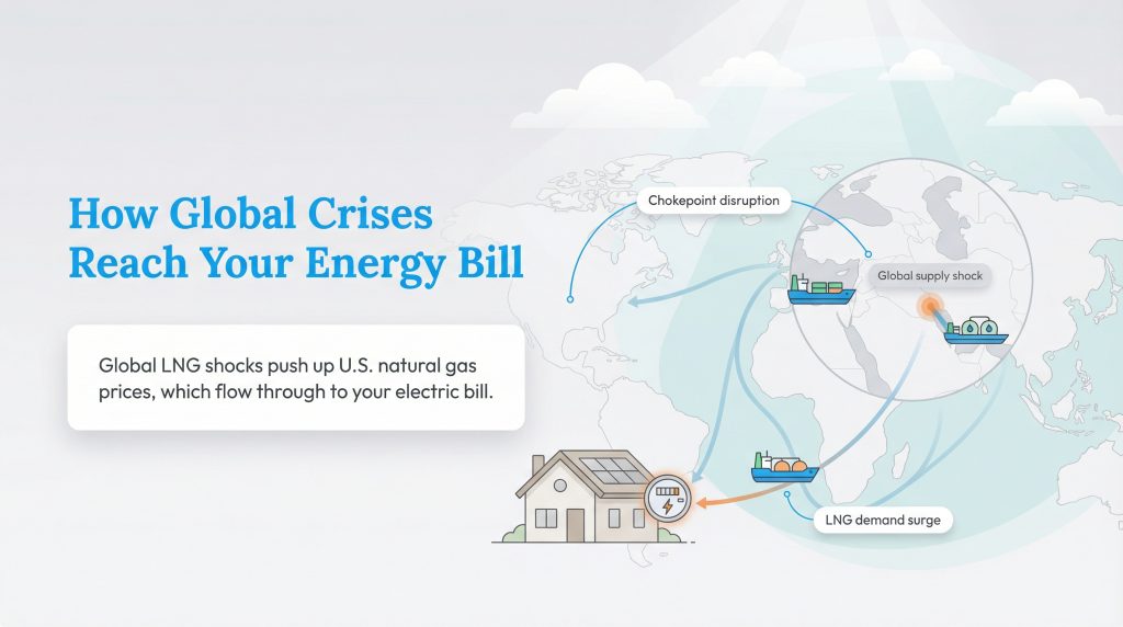 Infographic showing global LNG shocks raising US natural gas prices and home electric bills.