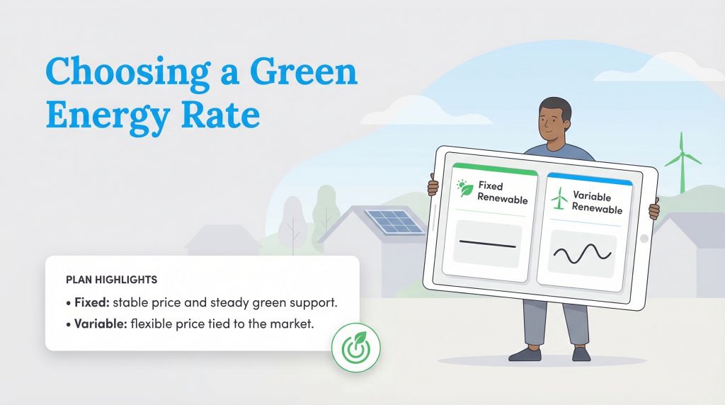 A person holds a tablet displaying fixed and variable renewable energy plan options with a text box explaining the price differences.