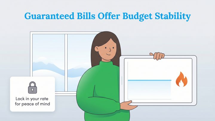 A woman holds a tablet showing a stable bill graph, with a lock icon for locking in a rate.