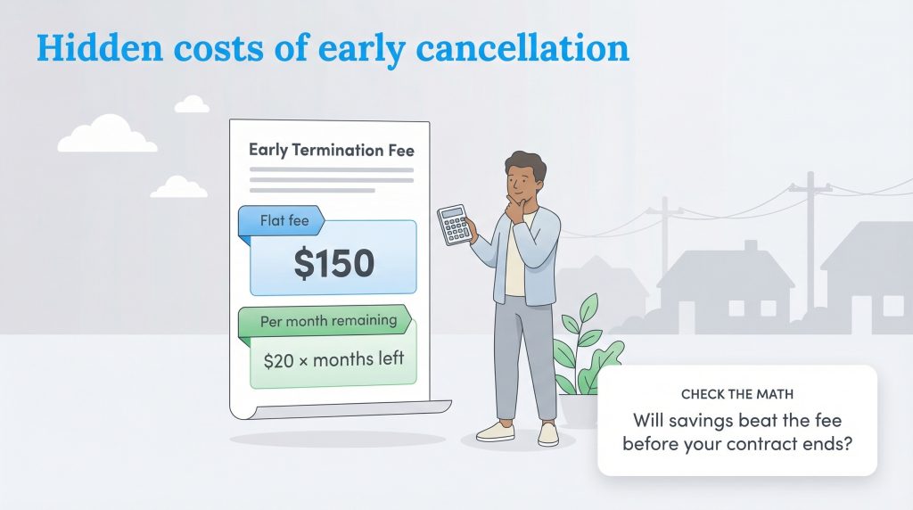 Illustration of a person comparing a flat $150 early termination fee to a $20 per month remaining fee.