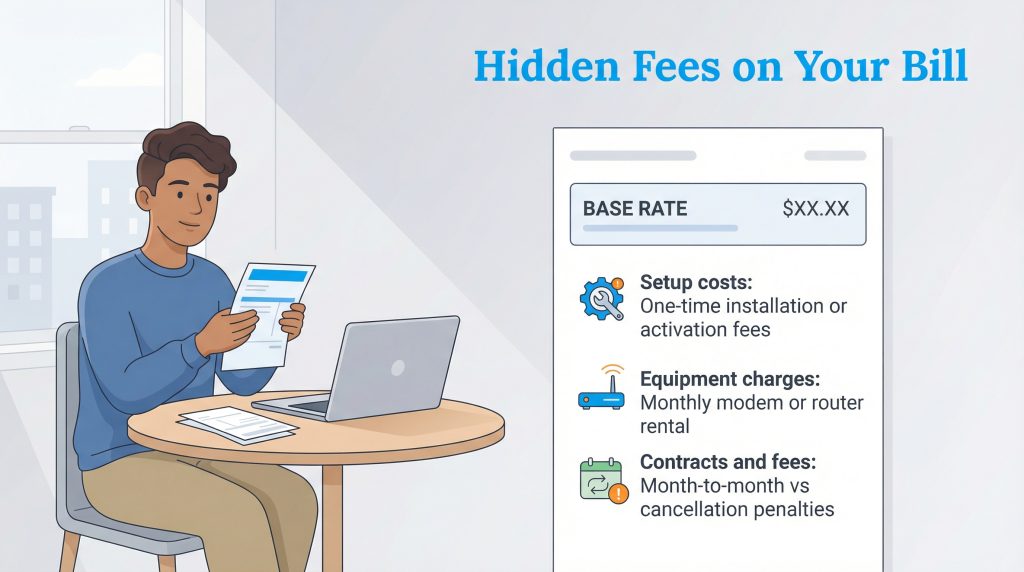 Illustration showing a man looking at a bill and a breakdown of common hidden internet fees.