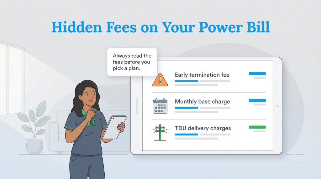 A woman views a tablet listing hidden power bill fees with a tooltip advising to read fees first.