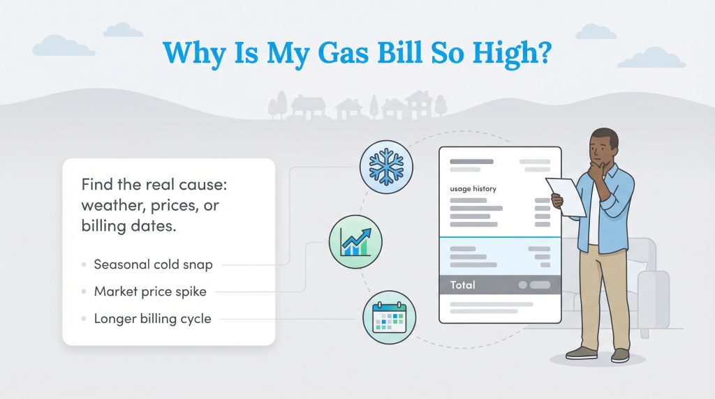 Man looking at a gas bill with icons showing causes: cold weather, price spikes, and billing cycles.