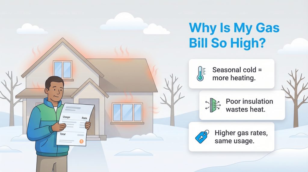 Infographic titled Why Is My Gas Bill So High? shows a man holding a bill in winter, listing seasonal cold, poor insulation, and higher gas rates as reasons.