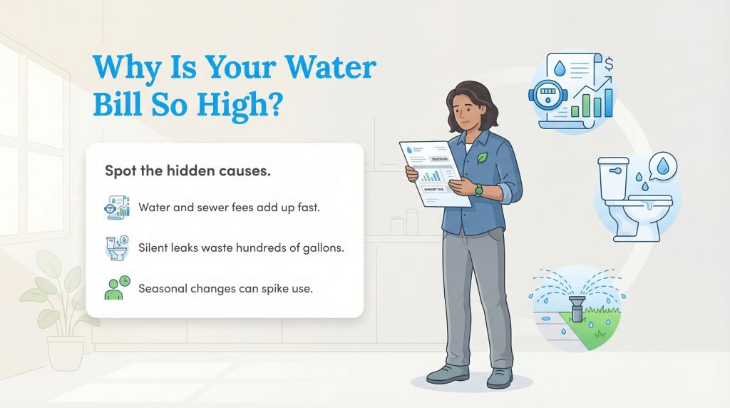 Person with a high water bill illustration, listing hidden causes like leaks, fees, and seasonal use.