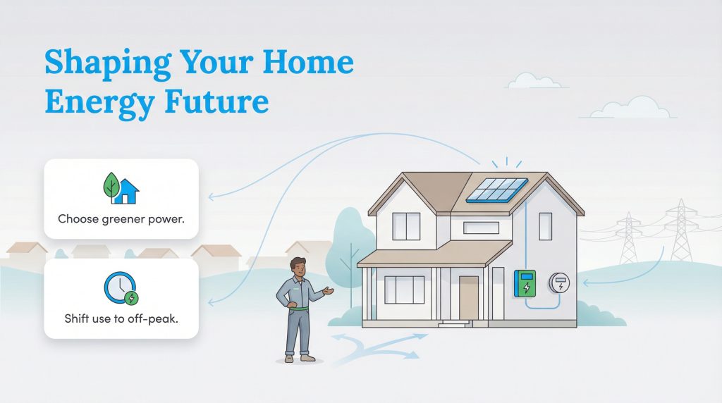 A man stands by a house with solar panels, next to two options: 'Choose greener power' and 'Shift use to off-peak'.