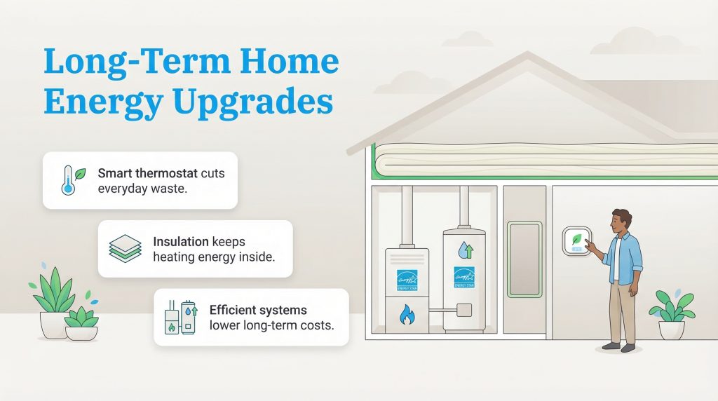 Infographic showing a house with a man adjusting a smart thermostat, plus icons for insulation and efficient ENERGY STAR systems.