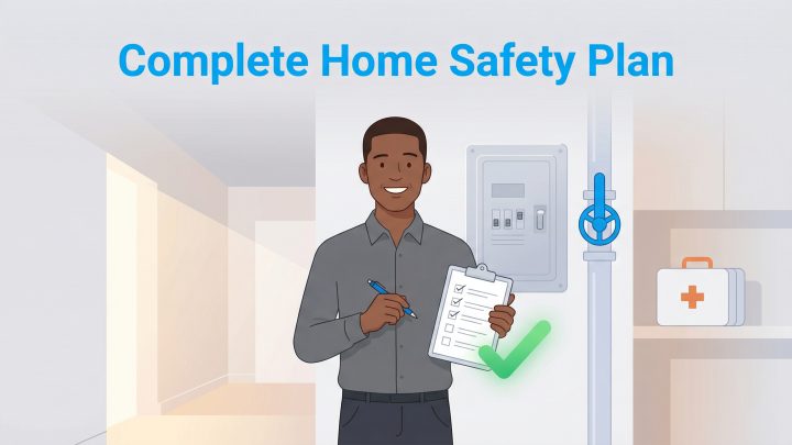 A man holds a completed home safety checklist next to a first-aid kit and water shut-off valve.