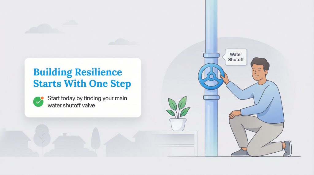 A man kneels to turn a water shutoff valve, illustrating a simple step towards home safety.