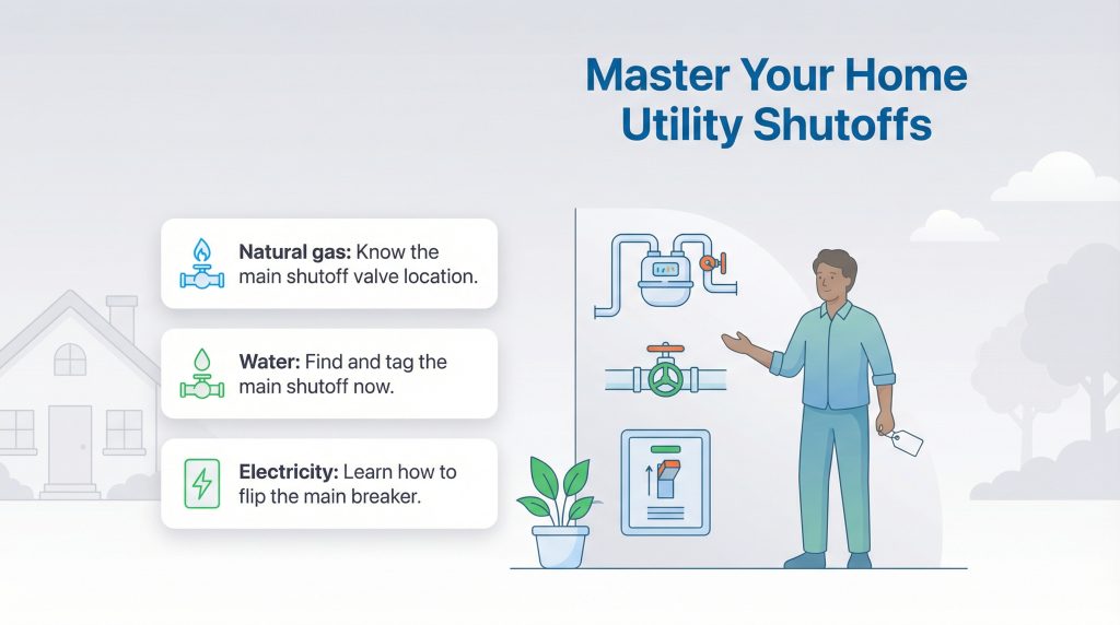 Infographic showing shutoff locations and tips for natural gas, water, and electricity in a home.