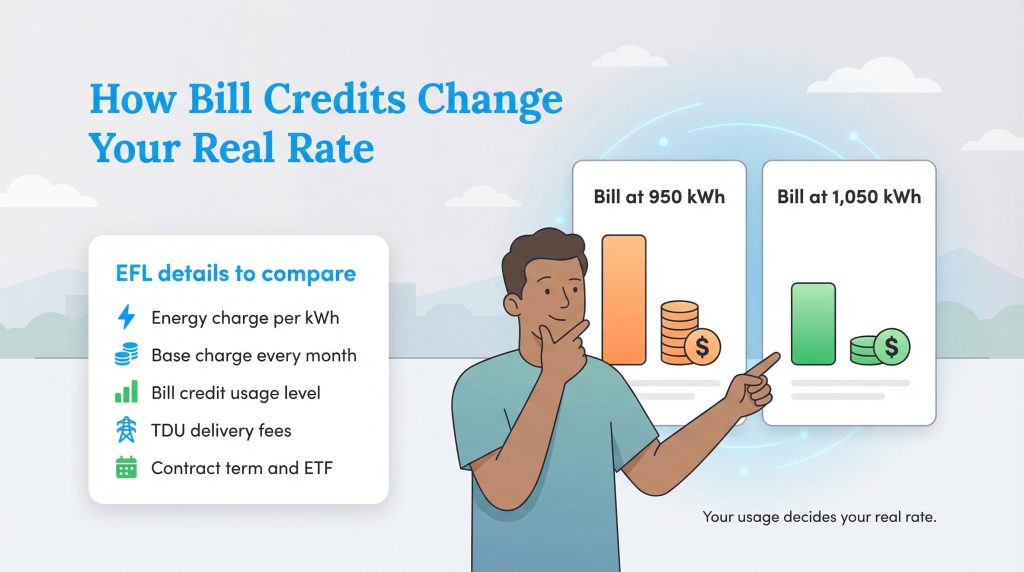 Infographic titled How Bill Credits Change Your Real Rate shows a man comparing a high bill at 950 kWh usage to a lower bill at 1,050 kWh due to a credit.