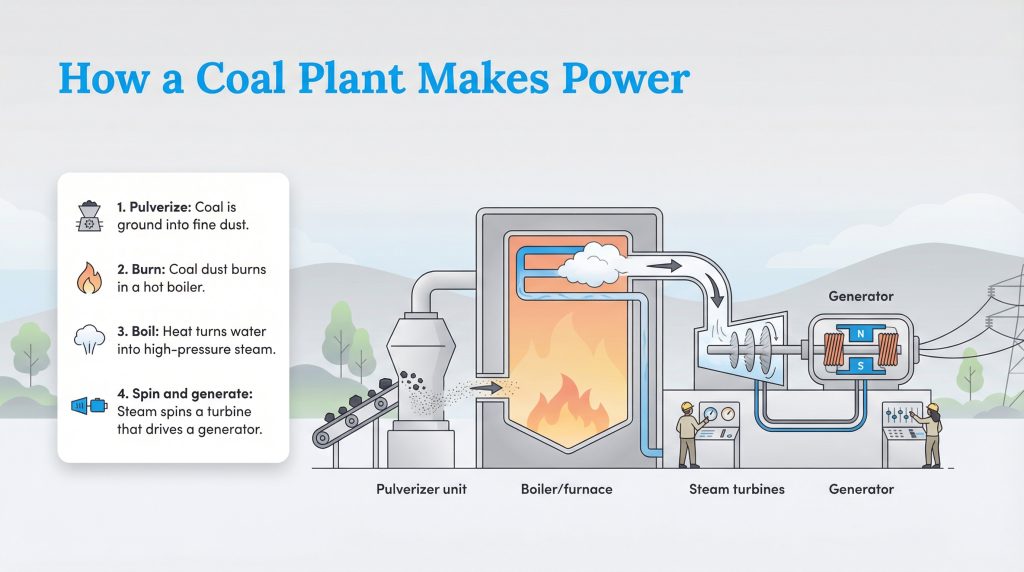 Infographic showing the four steps of how a coal plant generates electricity: pulverize, burn, boil, and spin/generate.