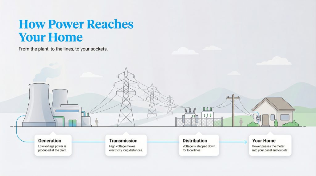 Diagram showing power generation, high-voltage transmission, distribution, and delivery to a home.