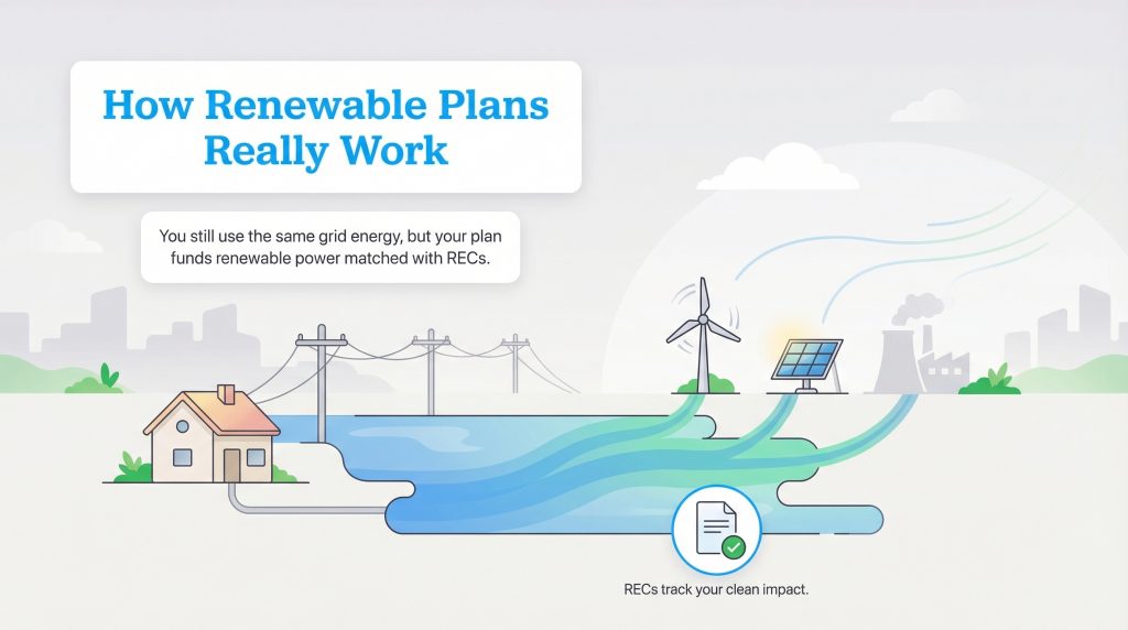 Infographic showing energy sources mixing in a pool, with RECs tracking the renewable portion funded by a plan.