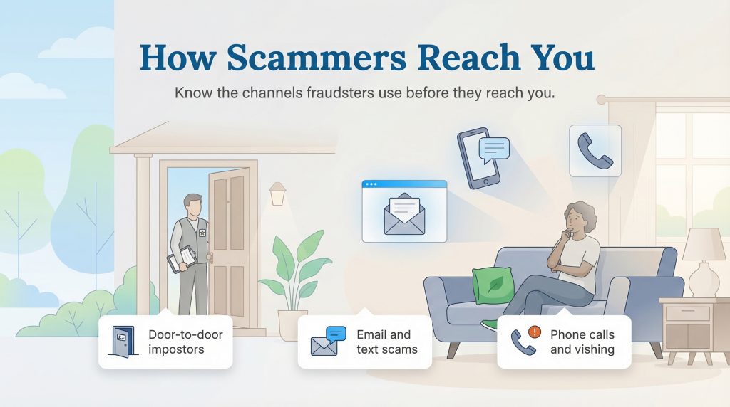 Infographic showing a person on a couch targeted by phone, email, and door-to-door scammers.