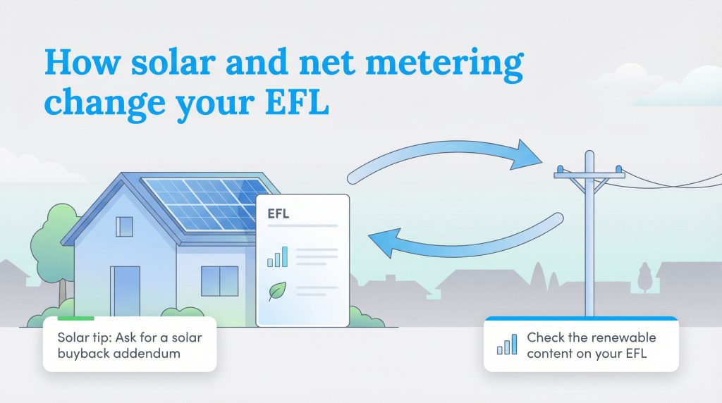 Infographic showing how solar panels and net metering change your Electricity Facts Label (EFL).